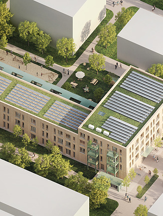 Visualization of an aerial view of residential construction in Kernen. Green roof areas can be seen.