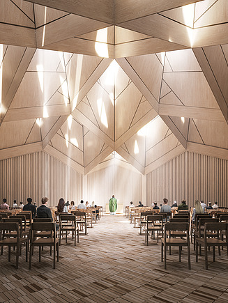 Visualisierung der Kirche in Kopenhagen. Zu sehen ist ein Kircheninnenraum mit auffälligem Holzdach.