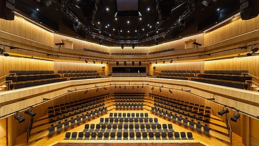 Innenaufnahme des Globe Theaters in Coburg. Zu sehen ist der bestuhlte Bühnenraum.