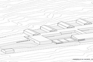 Visualization of an aerial view of residential construction in Kernen. Green roof areas can be seen.