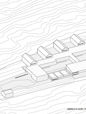 Visualization of an aerial view of residential construction in Kernen. Green roof areas can be seen.