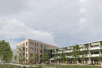 News ZÜBLIN Timber Visualization of the residential building in Kernen. You can see a building made of wood.