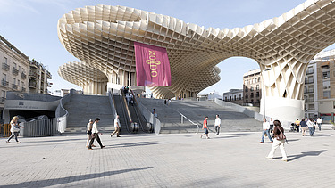 Photo of the wooden mushroom construction of the Metropol Parasol in Spain.