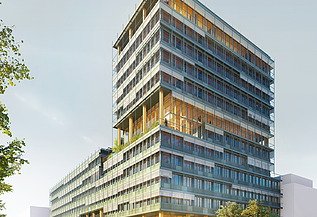 UmweltHaus der UmweltBank Nürnberg Foto einer Visualisierung des neuen UmweltHauses in Nürnberg. Man sieht ein Hochhaus aus Holz.