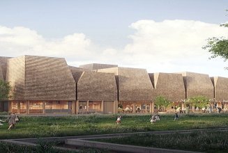 Aktuelles ZÜBLIN Timber Visualisierung des Kirchenbaus in nachhaltiger Holzbauweise und mit Zedernholz-Schindeln.