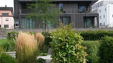 Photo of a multi-storey residential building with a wooden façade.