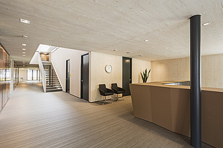 Foto der Anwaltskanzlei FGS Augsburg. Moderner Innenraum mit vielen Holzoberflächen.