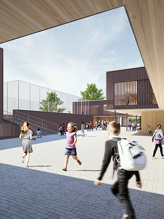 Visualisierung der neuen Schule am Hang in Frankfurt. Man sieht ein Gebäude aus Holz mit Kindern.