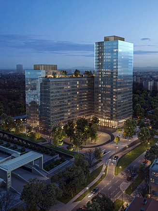 The two point towers with 25 and 15 storeys respectively and the connecting building with 12 storeys form a distinctive landmark on the Mittlerer Ring.