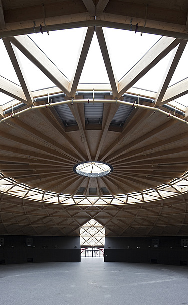 Foto der Las Arenas in Barcelona. Zu sehen ist die Holzkuppel mit Glaselementen von innen.