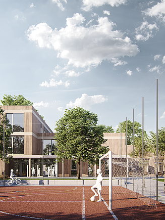 Außenansicht der Grundschule am Rosenfelder Ring in MOLENO®-Bauweise. 