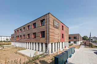 Photo of the student hall of residence in Golm. You can see two wooden buildings.