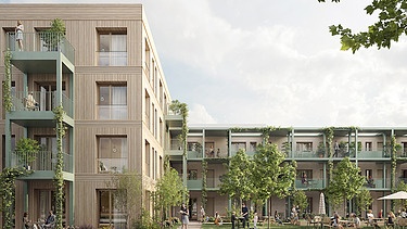Photo of an exterior view of a wooden building with a wooden façade and many rooms in front of it. MOLENO living.