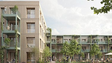 Foto einer Außenansicht eines Holzgebäudes mit Holzfassade und vielen Bräumen davor. MOLENO-Wohnen.