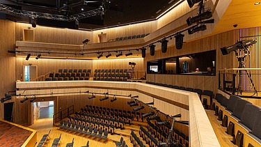 Innenaufnahme des Globe Theaters in Coburg. Zu sehen ist der bestuhlte Bühnenraum.