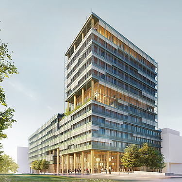 Visualisierung des neuen UmweltHauses der UmweltBank in Nürnberg. Zu sehen ist ein mehrgeschossiges Gebäude.