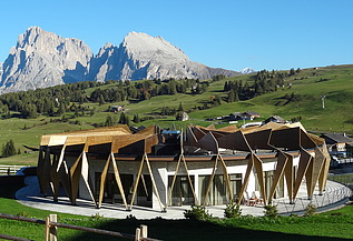 Foto des Hotels Alpina Dolomites Seiser Alm. Zu sehen ist ein Gebäude mit auffälligen Holzfassaden-Elementen aus FSH.