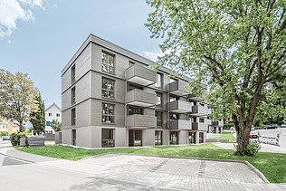 Foto einer Außenaufnahme eines Holzgebäudes mit Holzfassade und einem großen Laubbaum davor.
