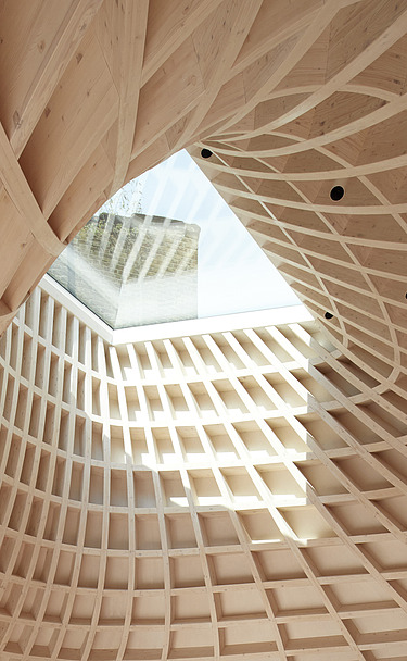 Foto von einer Holzstruktur bzw. einer Holzdecke mit einem Fensterloch in der Mitte