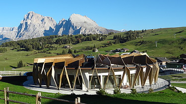 Photo of the Hotel Alpina Dolomites Seiser Alm. You can see a building with striking wooden façade elements made of FSH.